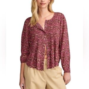 Lucky Brand Purple Print BOHO Top Balloon Sleeve with Pintucks Button Front  XL